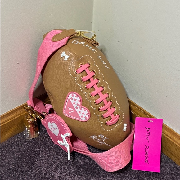 Betsey Johnson Handbags - Viral Betsey Johnson Brown and Pink Football Bag w Keychain NWT SUPER BOWL